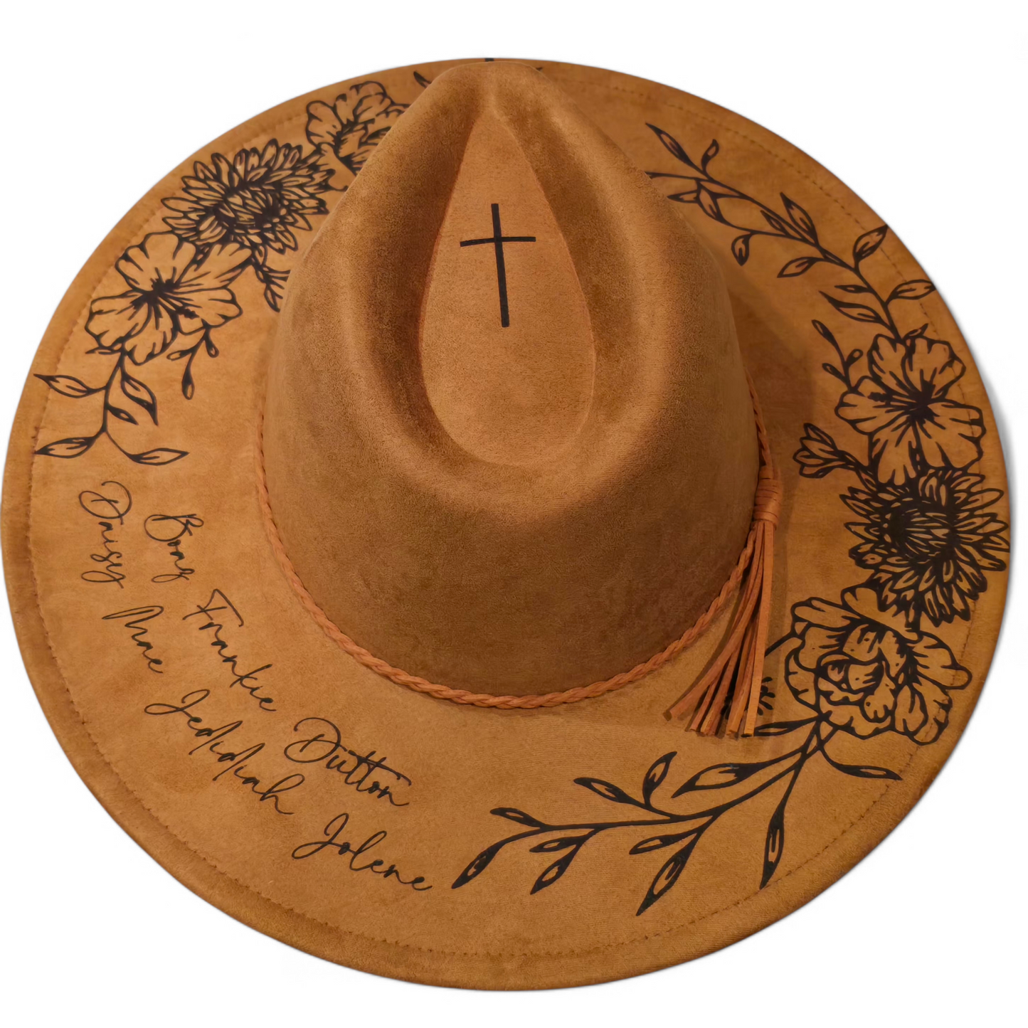 Personalized Custom Burned Hat, Floral Engraved Cowboy Hat, Burned Fedora, Engraved Suede Hat, Boho Hat, Vegan Suede