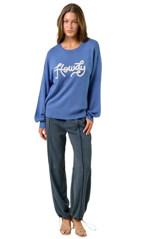 Howdy' Embroidered Round Neck Oversized Sweater