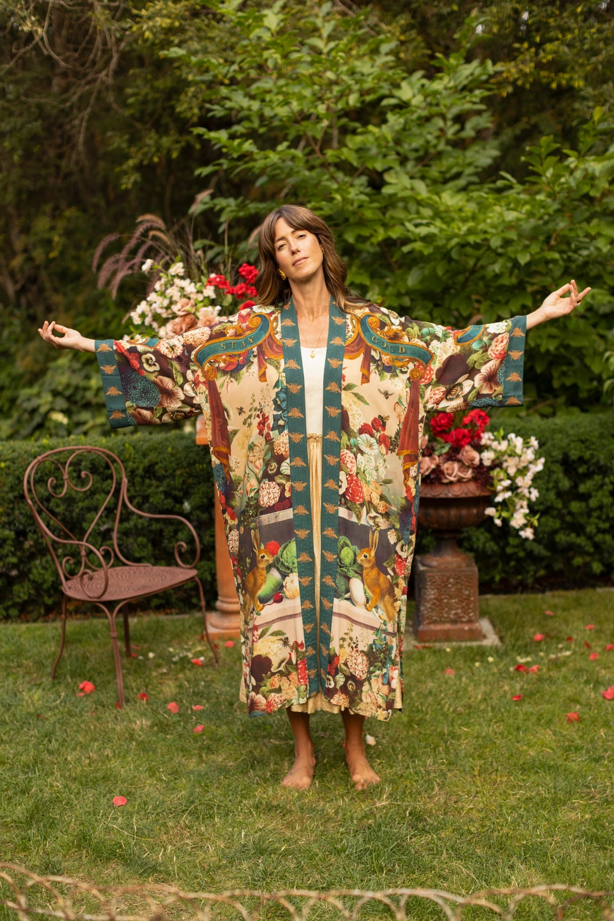 Stay Gold Opera Duster Kimono Robe w/ Rabbits Flowers & Bees