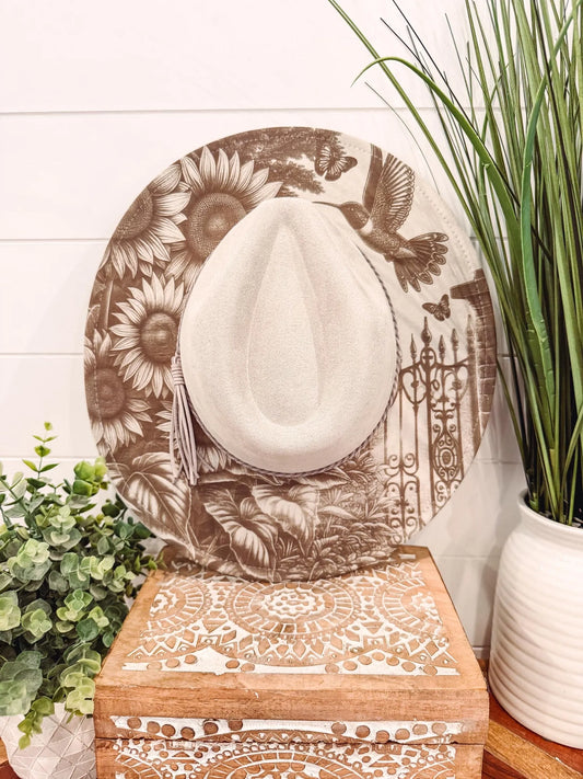 Hummingbird Engraved Hat, Floral Engraved Cowboy Hat, Burned Fedora, Engraved Suede Hat, Boho Hat, Vegan Suede Cowboy Hat, Women's Cowboy Hat