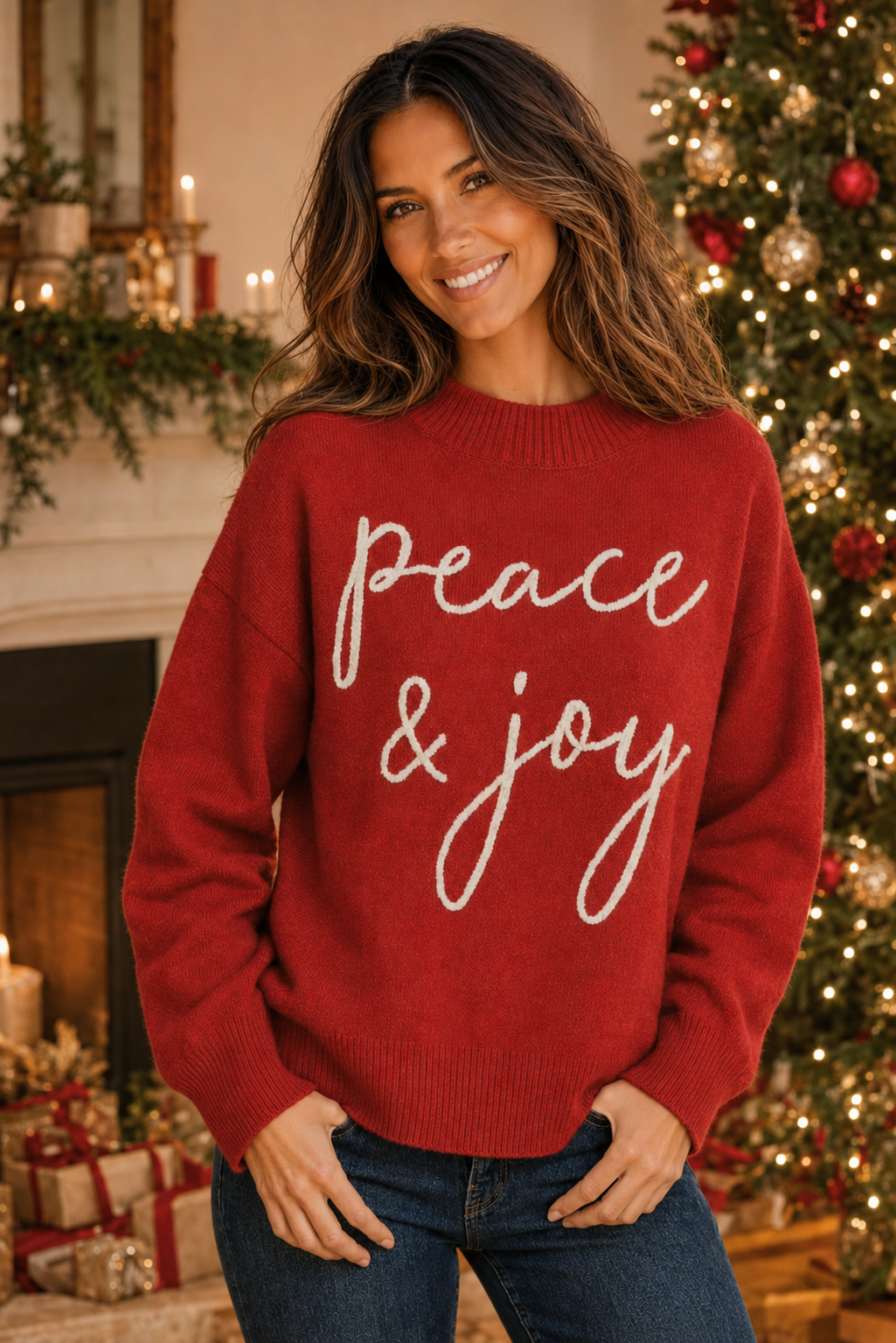 Front view of Peace and Joy novelty knit sweater showing script lettering, ribbed mock neck, and Christmas light embroidery on scalloped side slits | Bliss by Cori