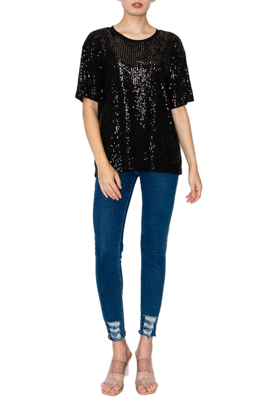 Sparkly Black Sequins Lined Short Sleeve Top - Ships Late September