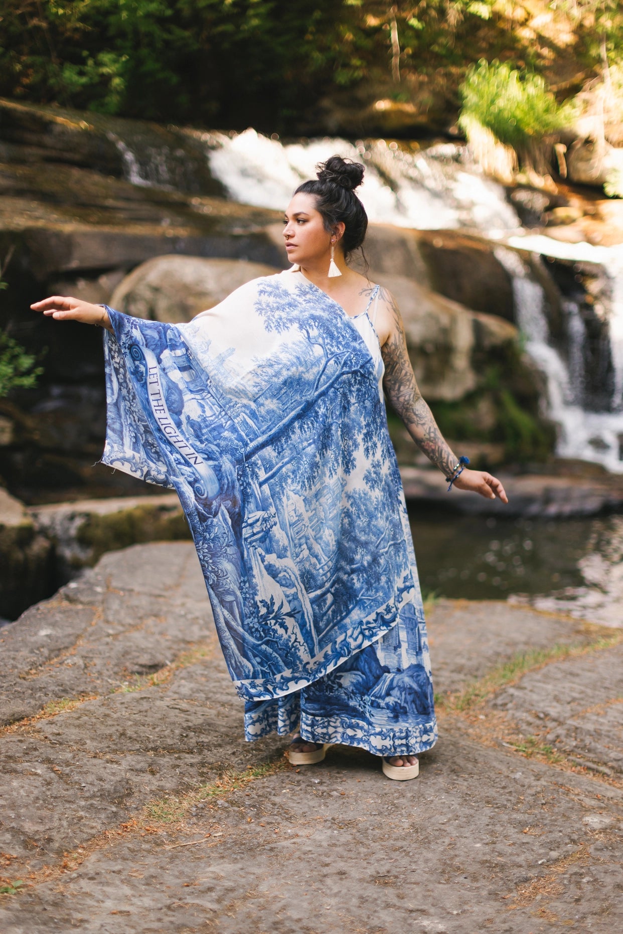 Let the Light in Bohemian Scarf With Blue Delft Toile Print