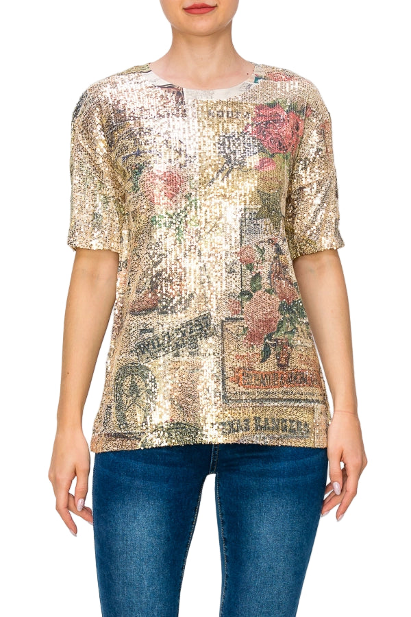Rose West Vintage Inspired Sequin Short Sleeve Blouse - Ships Late September