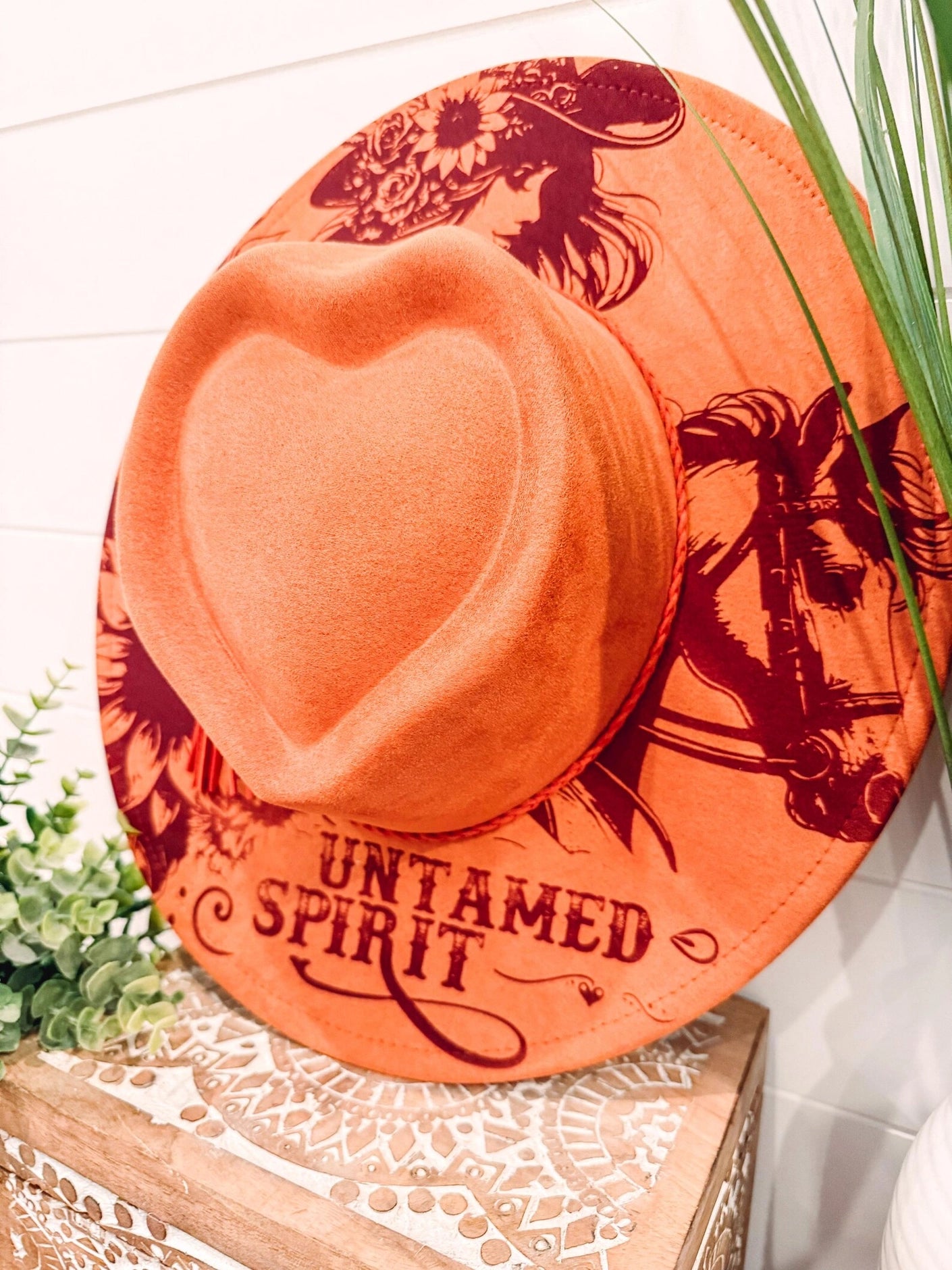Untamed Spirit Engraved Heart Hat, Floral Engraved Cowboy Hat, Burned Fedora, Engraved Suede Hat, Boho Hat, Vegan Suede Cowboy Hat, Women's Cowboy Hat