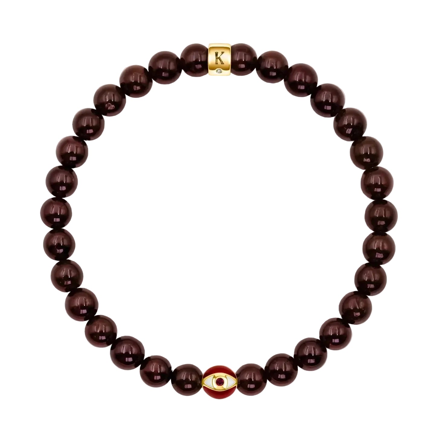 Karma and Luck Endless Passion Garnet January Birthstone Evil Eye Bracelet — polished deep burgundy garnet beads with red enamel evil eye charm and Karma and Luck gold signature clasp | Bliss by Cori
