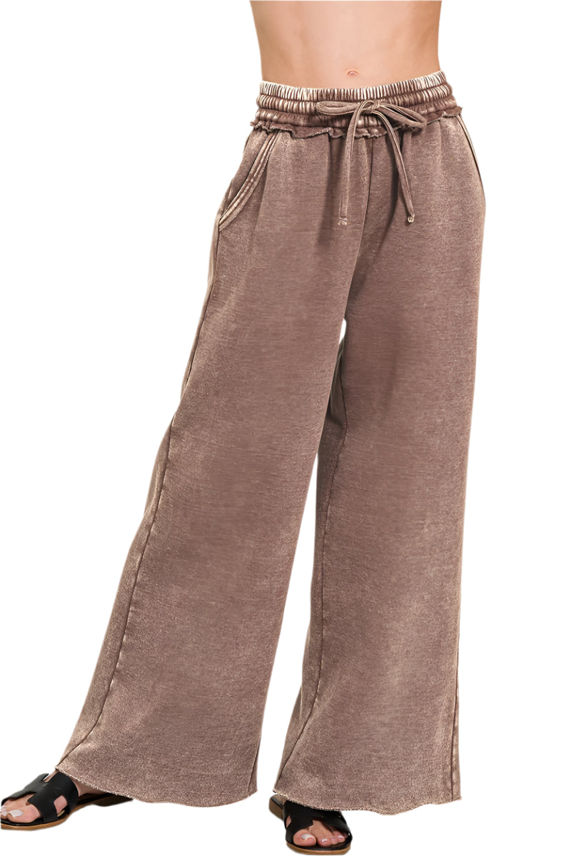 Acid Mineral Washed Fleece Palazzo Pants with Pockets