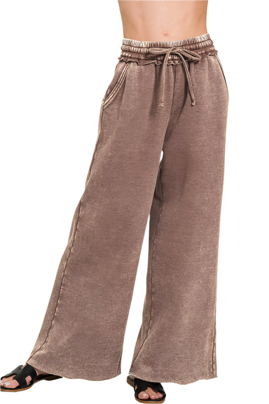 Acid Mineral Washed Fleece Palazzo Pants with Pockets