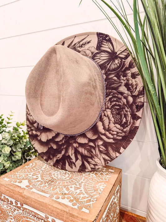 Peony Butterfly Engraved Hat, Floral Engraved Cowboy Hat, Burned Fedora, Engraved Suede Hat, Boho Hat, Vegan Suede Cowboy Hat