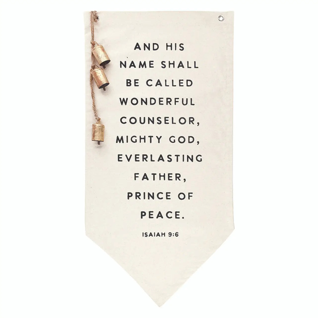 Isaiah 9:6 Canvas Wall Banner with Gold Bells – Holiday Home Decor