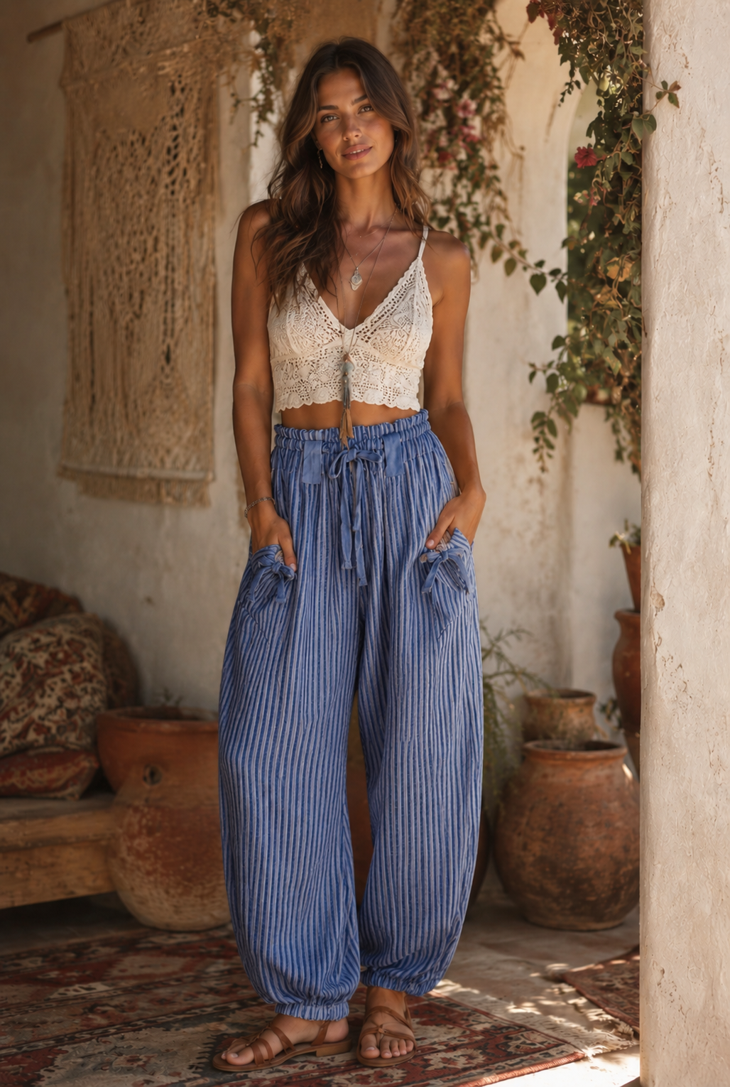 Bow Detail Stripe Textured Woven Pants *Pre Order* Ships August 2026