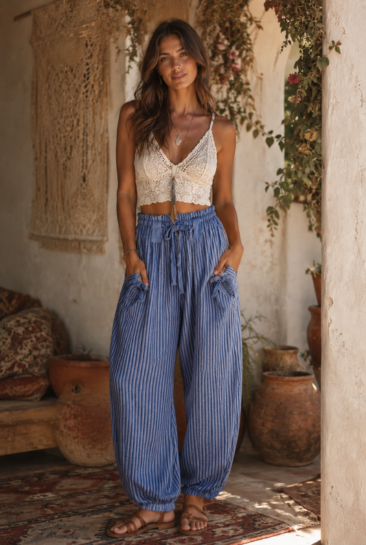 Bow Detail Stripe Textured Woven Pants *Pre Order* Ships August 2026