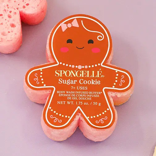 Spongellé Sugar Cookie gingerbread body buffer in festive holiday scene with pink sponge detail — Bliss by Cori Boutique