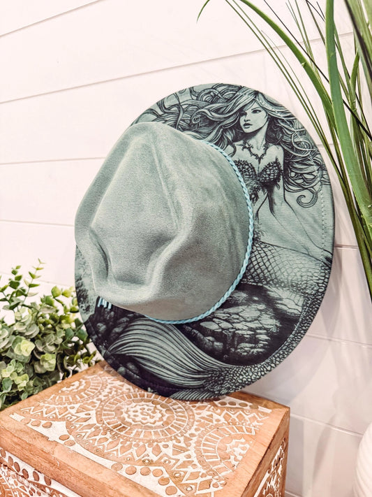 Mermaid Engrave Hat, Floral Engraved Cowboy Hat, Burned Fedora, Engraved Suede Hat, Boho Hat, Vegan Suede Cowboy Hat, Women's Cowboy Hat