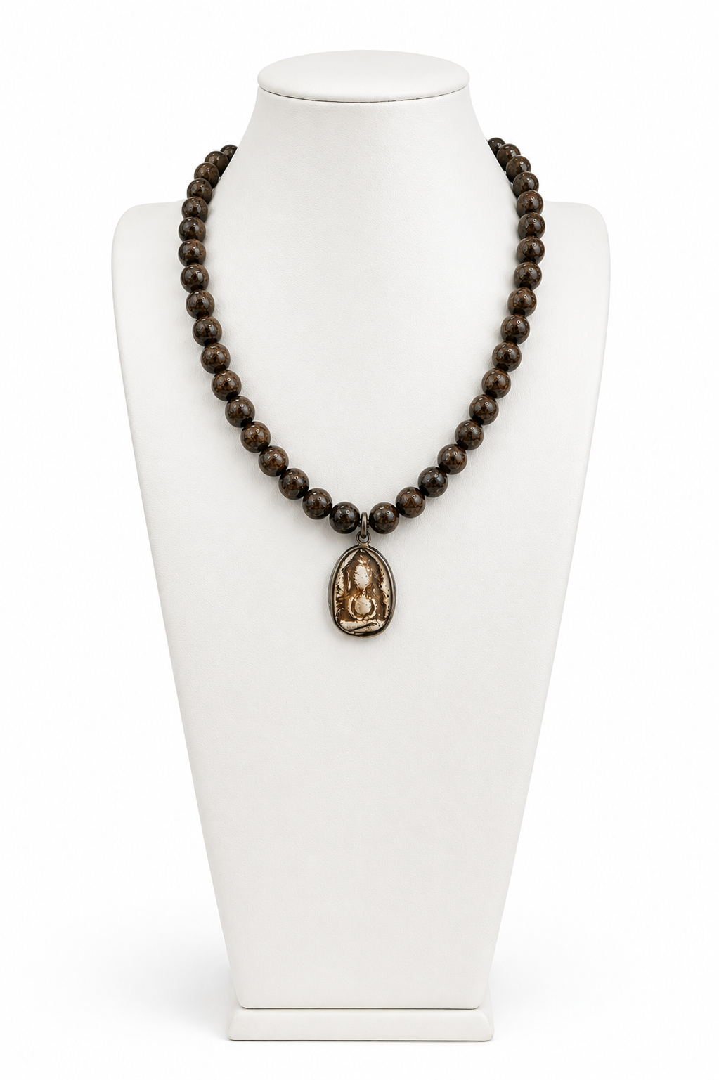 Boho Buddha Pendant Necklace – Smoky Brown Gemstone Beaded Statement Necklace