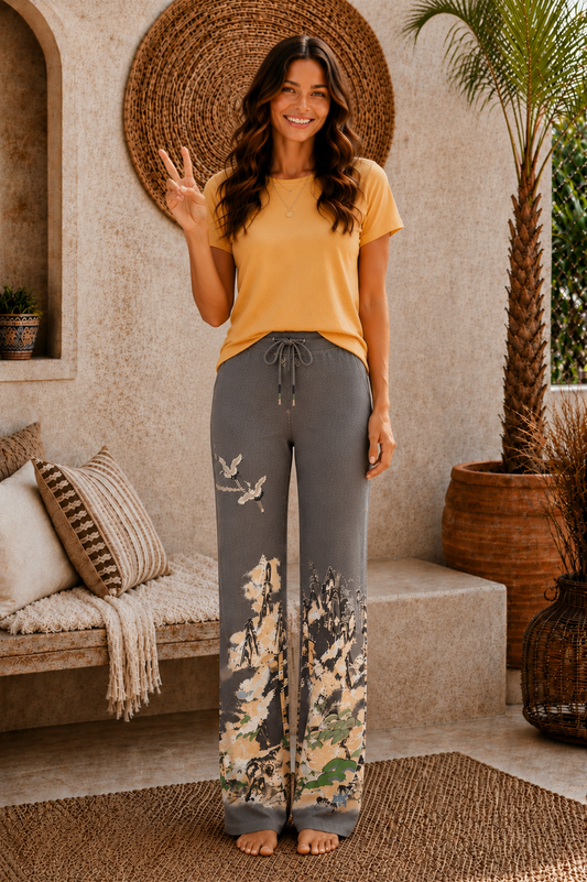 Paparazzi by Biz - Stretch Fit Crane Print Lounge Pant with Raw Hem
