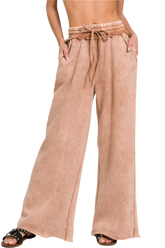 Acid Mineral Washed Fleece Palazzo Pants with Pockets
