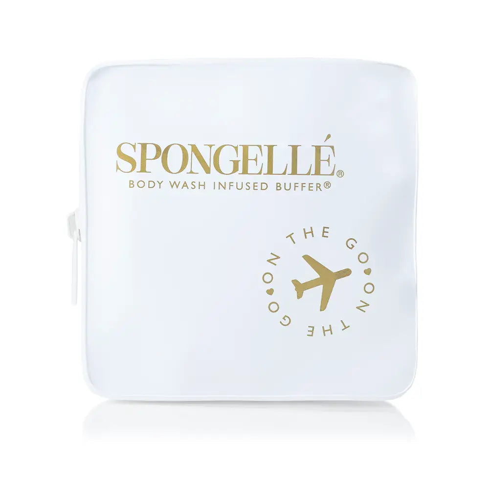 Spongellé white travel case closed showing gold Spongellé branding and On The Go airplane logo on white background — Bliss by Cori Boutique