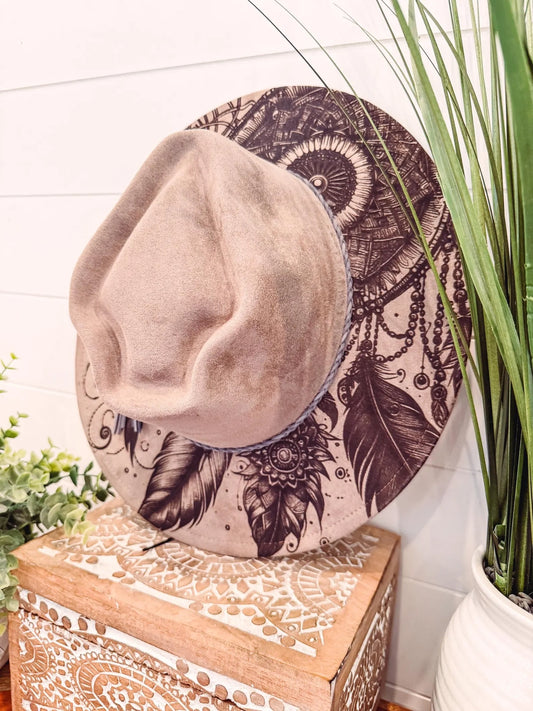 Dreamcatcher Engraved Hat, Floral Engraved Cowboy Hat, Burned Fedora, Engraved Suede Hat, Boho Hat, Vegan Suede Cowboy Hat, Women's Cowboy Hat