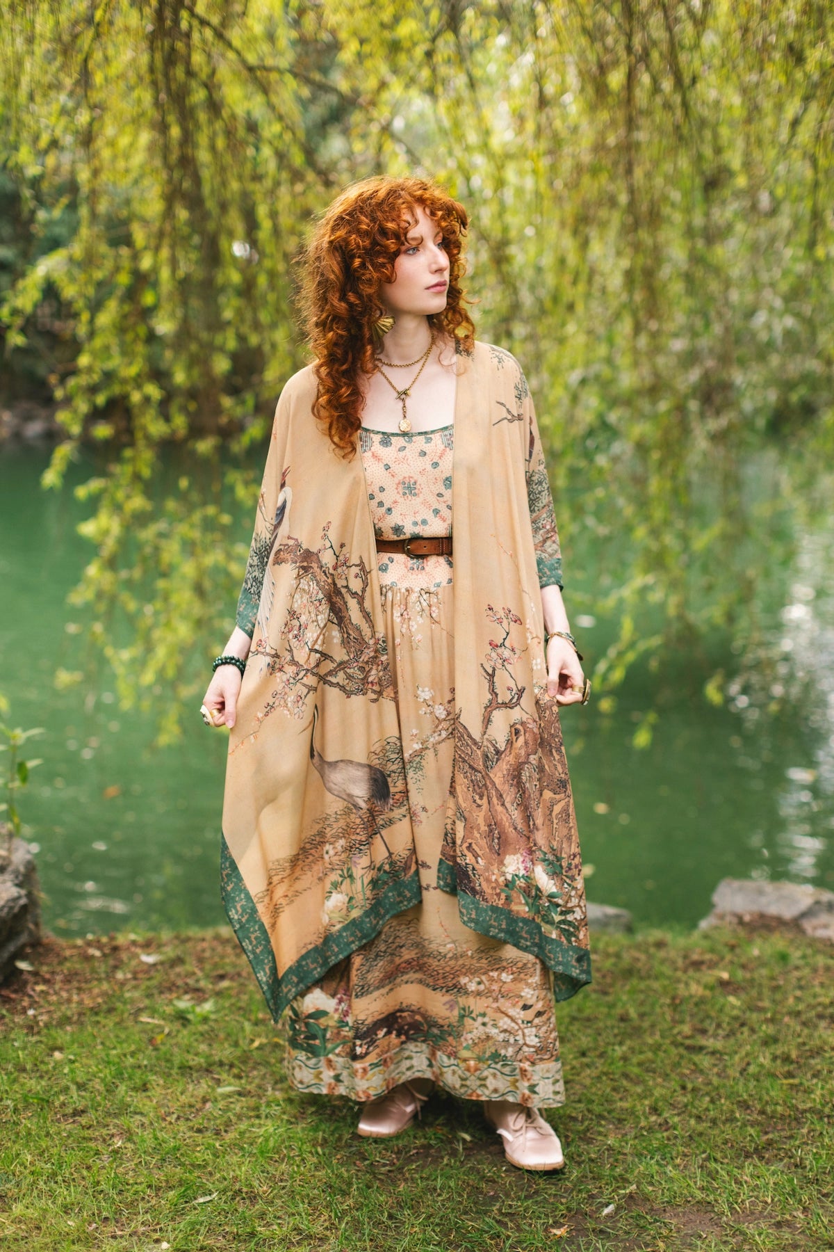 Fable Bohéme Long Maxi Slip Dress With Blossoms, Deer & Moon