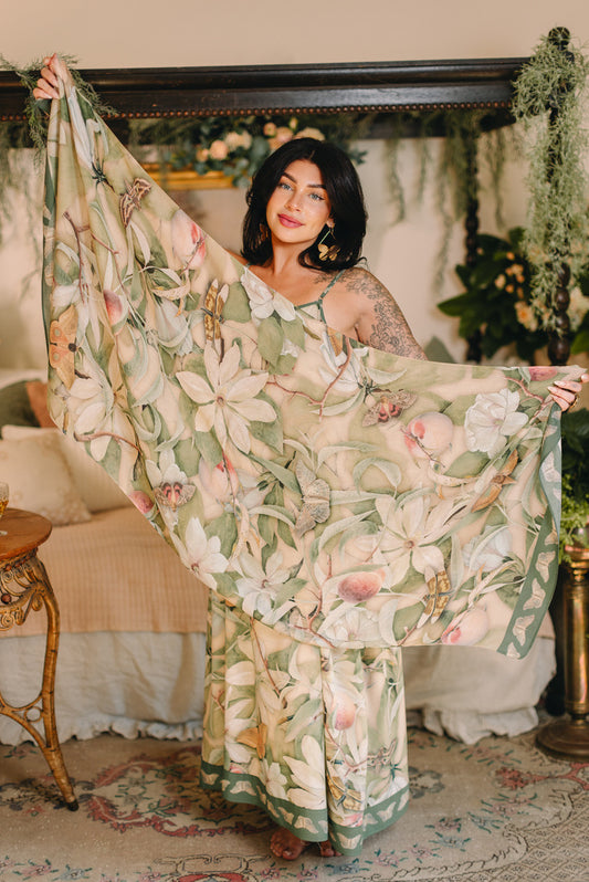 Fleur De Soleil Scarf with Magnolia Floral Print & Butterfly Pre-Order Ships In March 2026