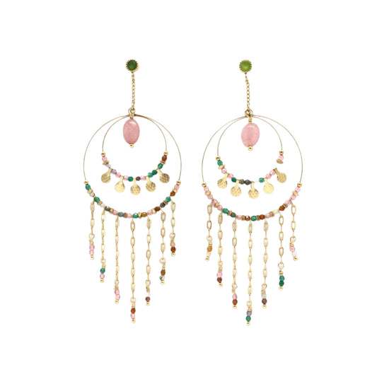 Unique Double Hoop Tourmaline Metal Fringe Dangle Earrings