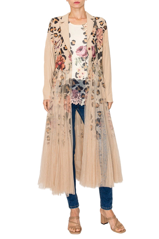 Leo Rose Chic Contrast Longline Blazer Jacket with Mesh Tulle Panel - Ships Late September