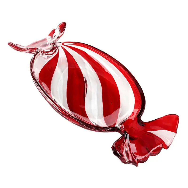 Medium red and white peppermint swirl glass candy dish shaped like a wrapped peppermint candy on white background – Bliss by Cori
