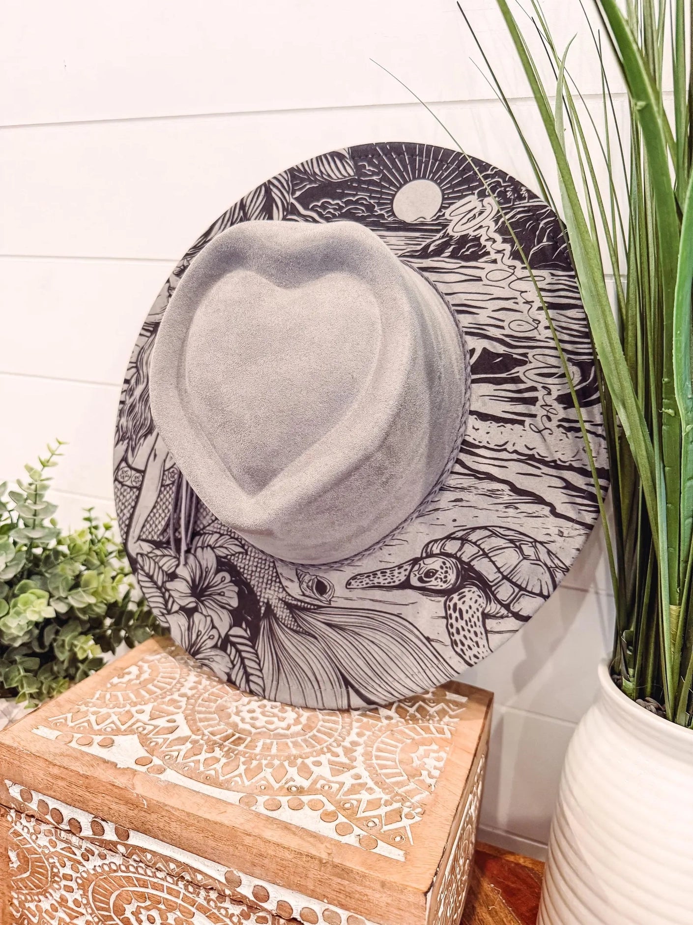 Mermaid Engraved Hat, Floral Engraved Cowboy Hat, Burned Fedora, Engraved Suede Hat, Boho Hat, Vegan Suede Cowboy Hat, Women's Cowboy Hat