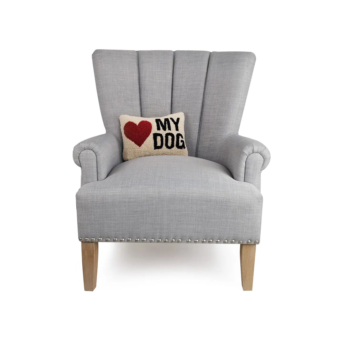 Love My Dog hooked wool pillow displayed on grey armchair | Bliss by Cori