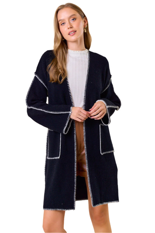Blanket Stitched Long Sleeve Open Cardigan