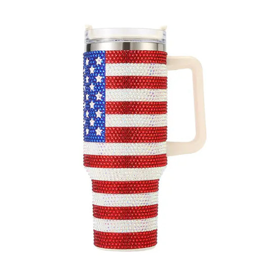 40oz Rhinestone Stainless Steel Insulated Travel Tumbler with Handle - USA Flag