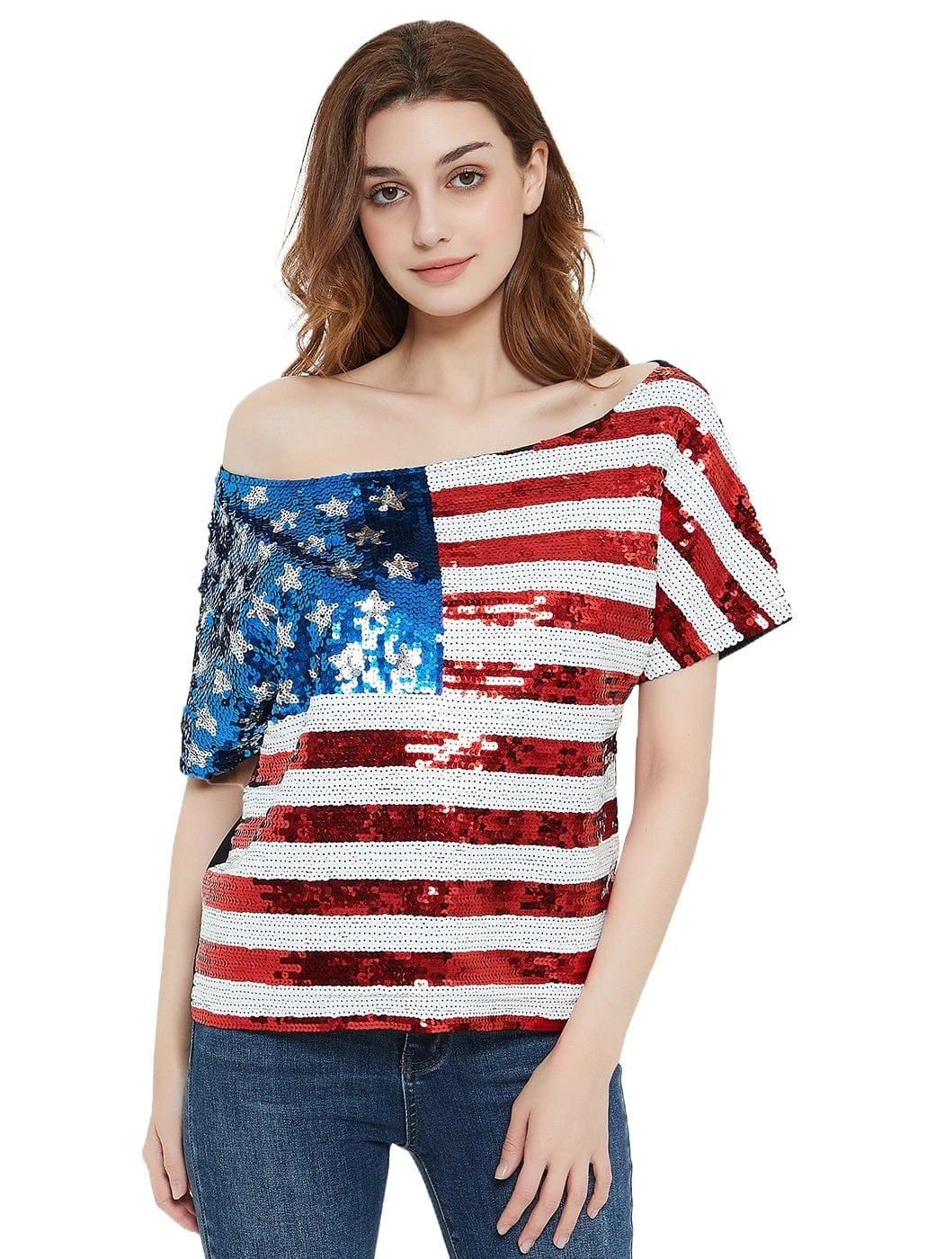 Women's Patriotic American Sequin Off Shoulder Top