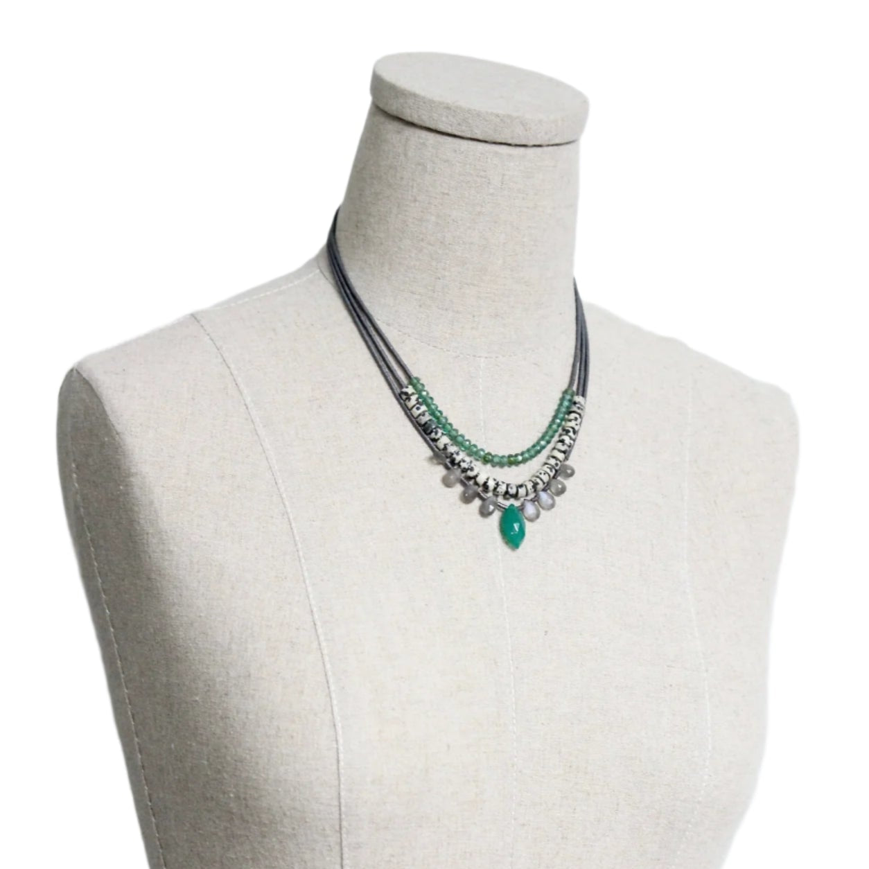 Green Onyx, Gray Moonstone, and Dalmatian Jasper Necklace