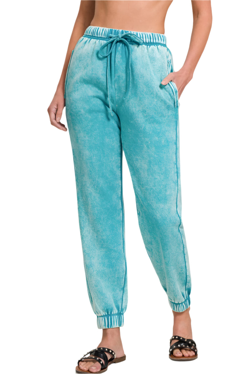 Acid Mineral Washed Fleece Sweatpants with Pockets
