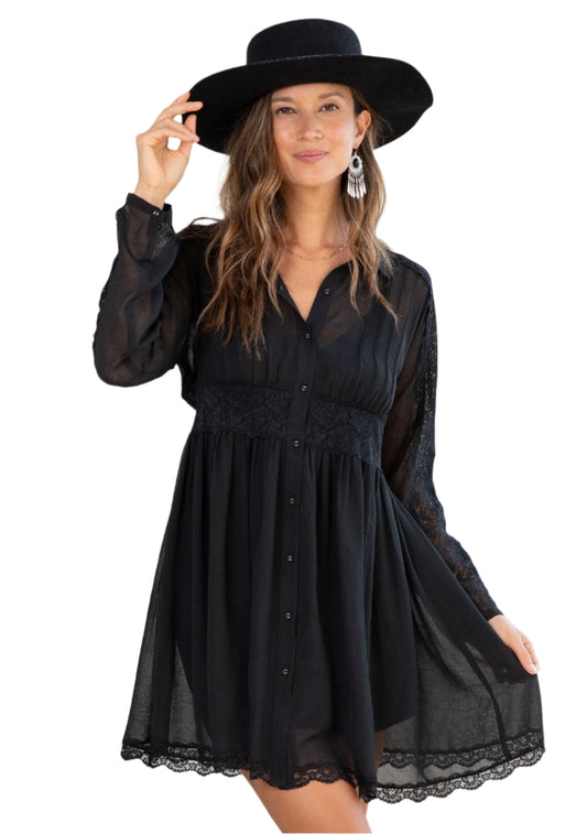 Bohemian Lace Detail Long Sleeve Collared Dress