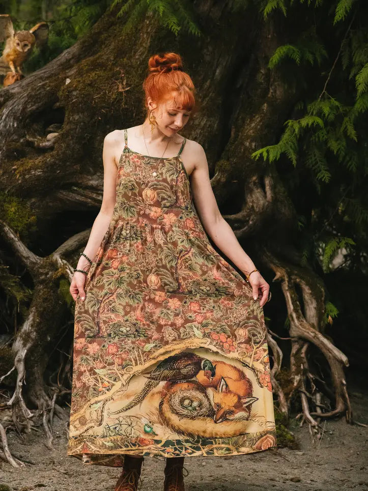 Woodland Wisdom Bohéme Maxi Slip Dress w/ Florals, Fox & Owl