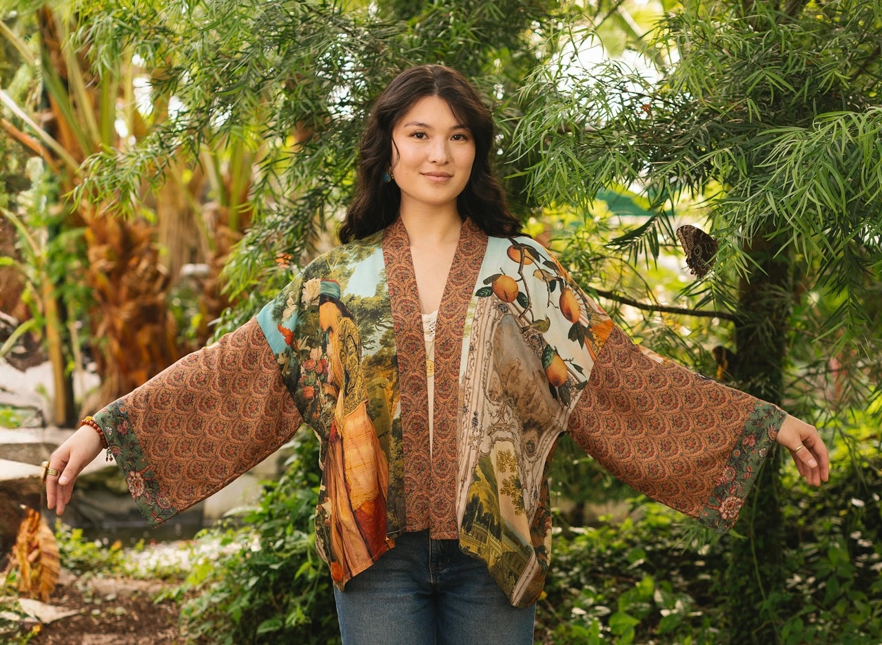 Market Of Stars Secret Garden Cropped Bamboo Kimono Cardigan with Swan