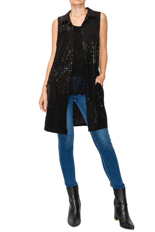 Sparkly Button Up Tunic Vest with Lace & Sequin Details - Ships Late September