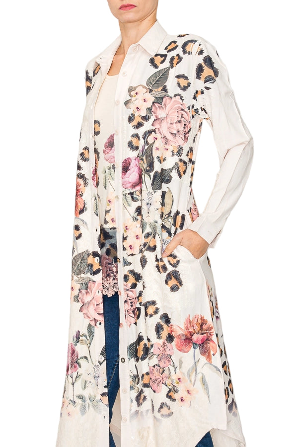 Leo Rose Relaxed Longline Jacket with Lace Details & Pockets - Ships Late September