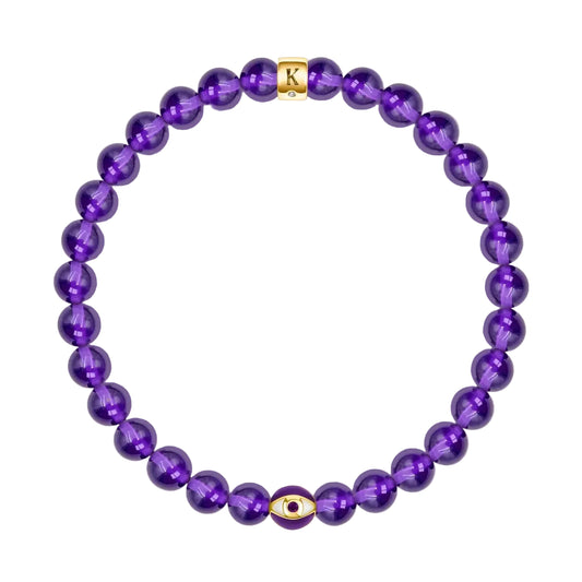 Karma and Luck Calming Reflection Amethyst February Birthstone Evil Eye Bracelet — polished deep violet amethyst beads with gold evil eye charm and Karma and Luck signature clasp | Bliss by Cori