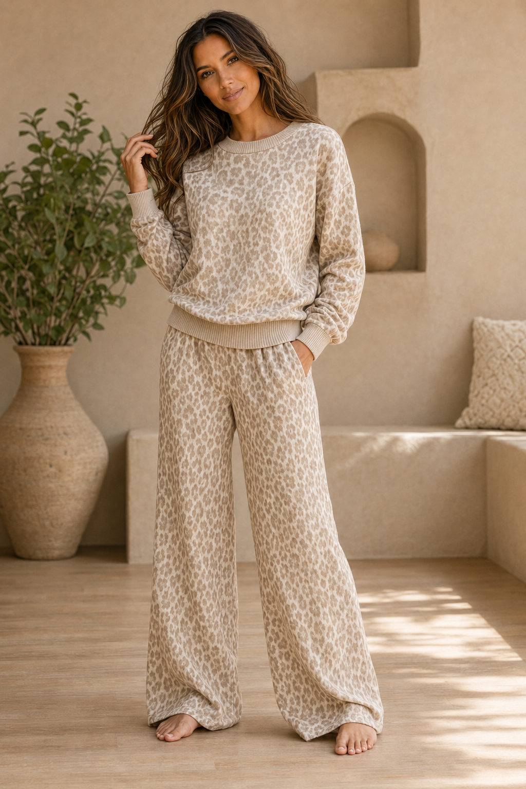 Women's leopard print matching lounge set styled with jewelry and sandals - boho boutique fashion - Bliss by Cori