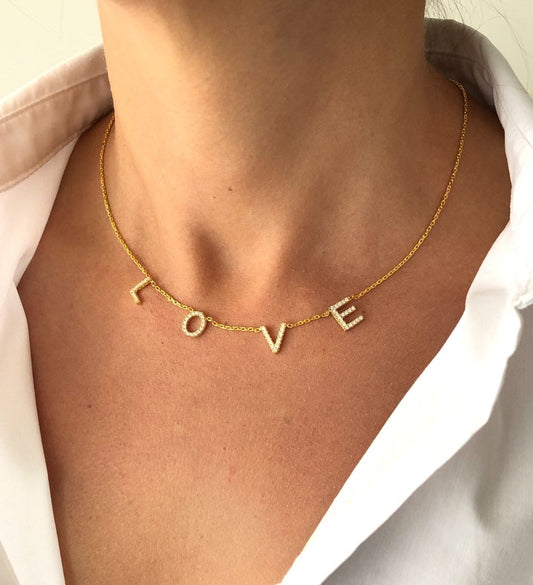 CZ Pave LOVE Necklace - Available in 14kt Gold Vermeil, Rose Gold And Sterling Silver