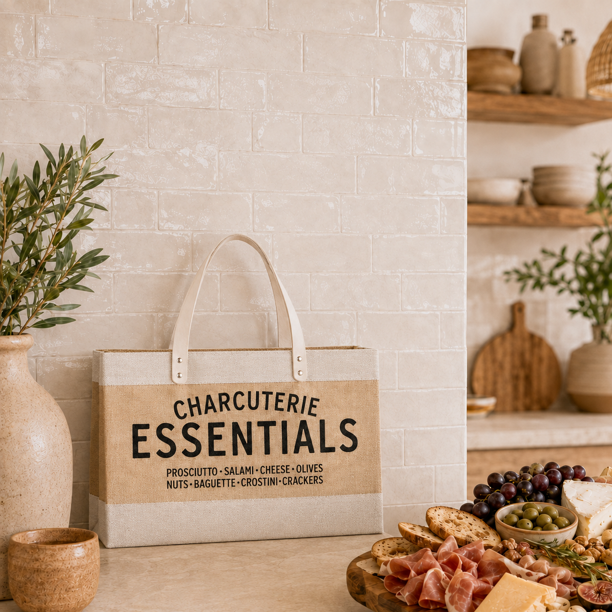 Large natural jute and white leather handle Charcuterie Essentials market tote styled in a warm kitchen beside a charcuterie board with grapes olives meats and cheese and an olive branch in a ceramic vase – Bliss by Cori
