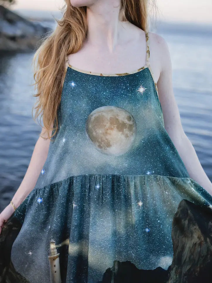 Close-up of the Siren slip dress bodice with moon, stars and celestial ocean print | Bliss by Cori