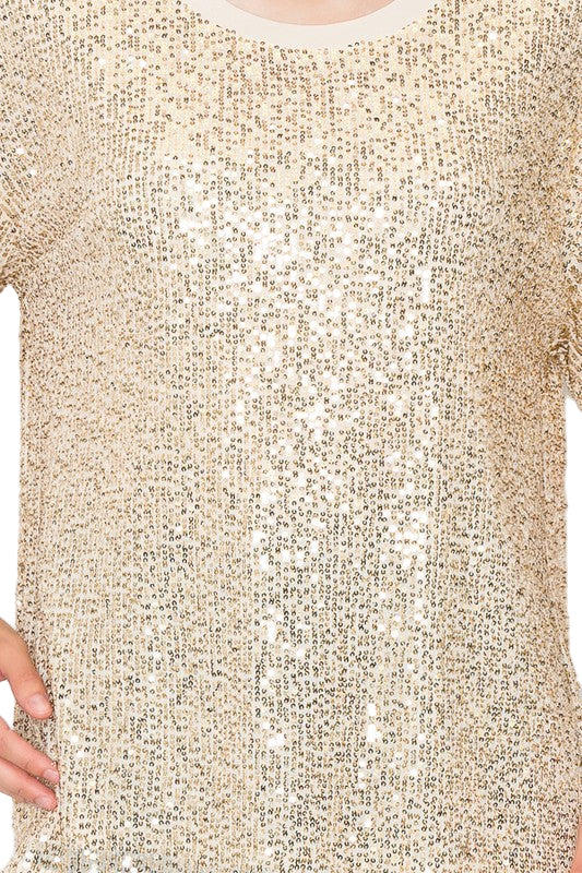 Sparkly Gold Sequins Lined Short Sleeve Top - Ships Late September