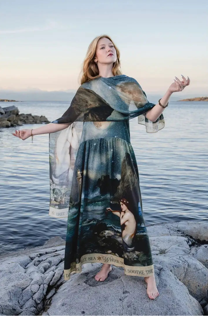 Full shoreline view of the Siren bohemian scarf draped around a model’s shoulders | Bliss by Cori