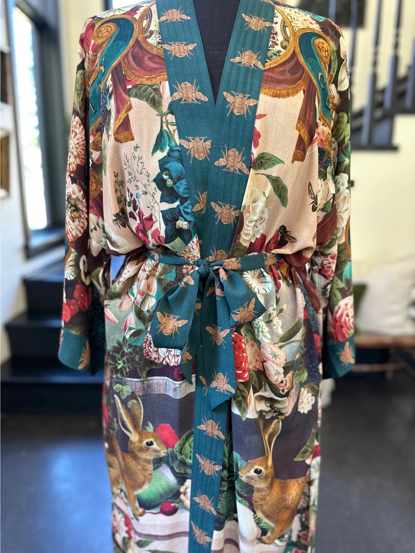 Stay Gold Floral Bamboo Kimono Duster Robe w/ Rabbit & Bees Pre-Order - Ships March 2025