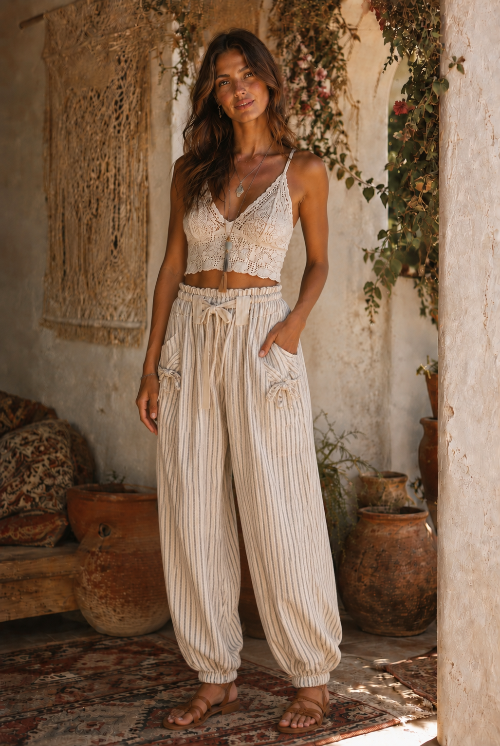 Bow Detail Stripe Textured Woven Pants *Pre Order* Ships in August 2026