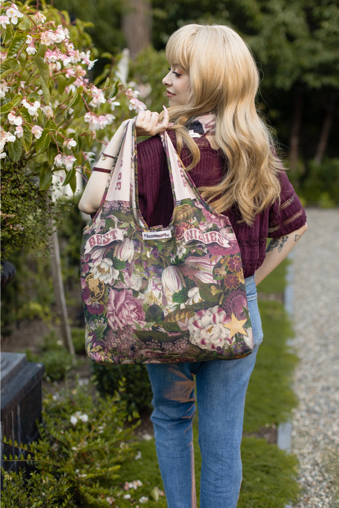 Market Of Stars Make A Wish Floral Boho Linen Tote Bag With Wishbone & Dandelion